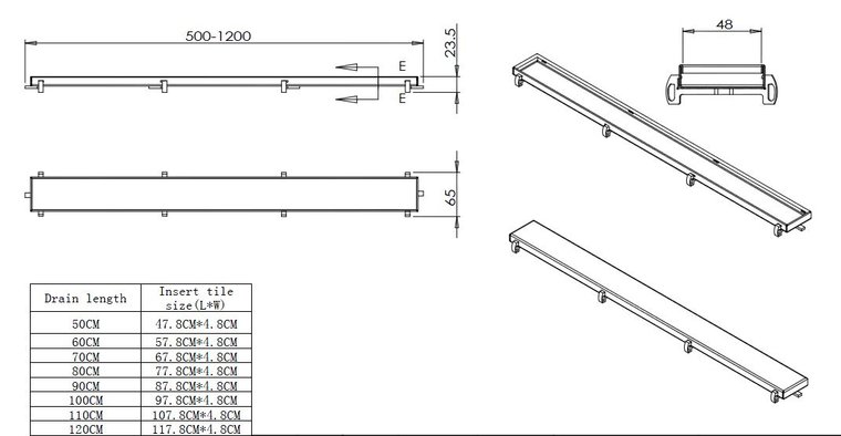 Rvs douchedrain 500mm + tegelrooster