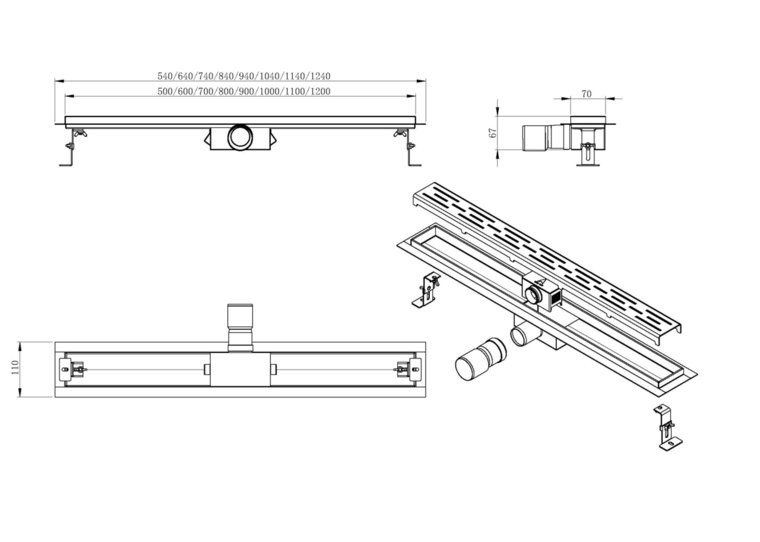 Rvs douchedrain 500mm + tegelrooster