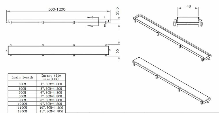 Rvs douchedrain 600mm + tegelrooster