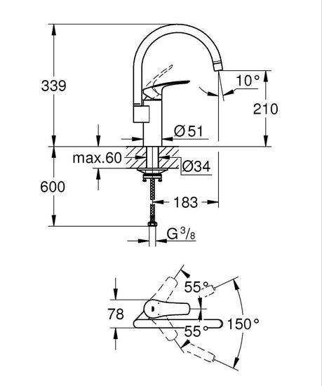 Grohe Eurosmart keukenmengkraan hoge uitloop